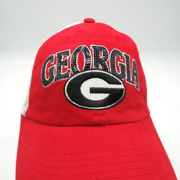Georgia Bulldogs Snapback Hat Womens Sequins Red White Mesh Trucker Clean Up Cap - Picture 2 of 9